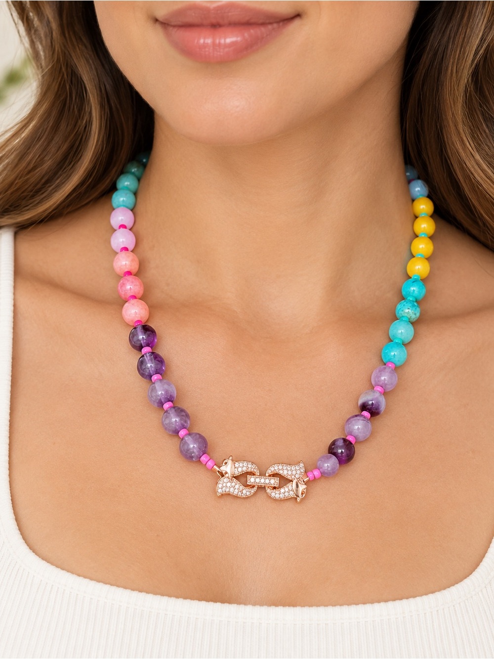 Multicolor Beaded Necklace with Crystal Link Clasp